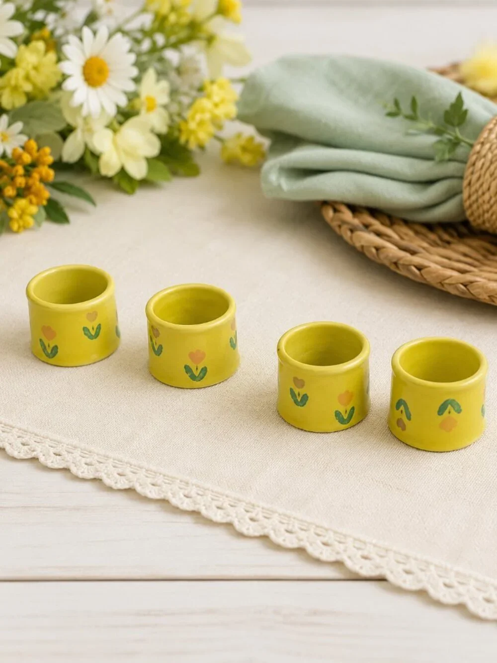 Set of 4 Yellow Floral Napkin Rings Spring Easter Table Decor Cottagecore